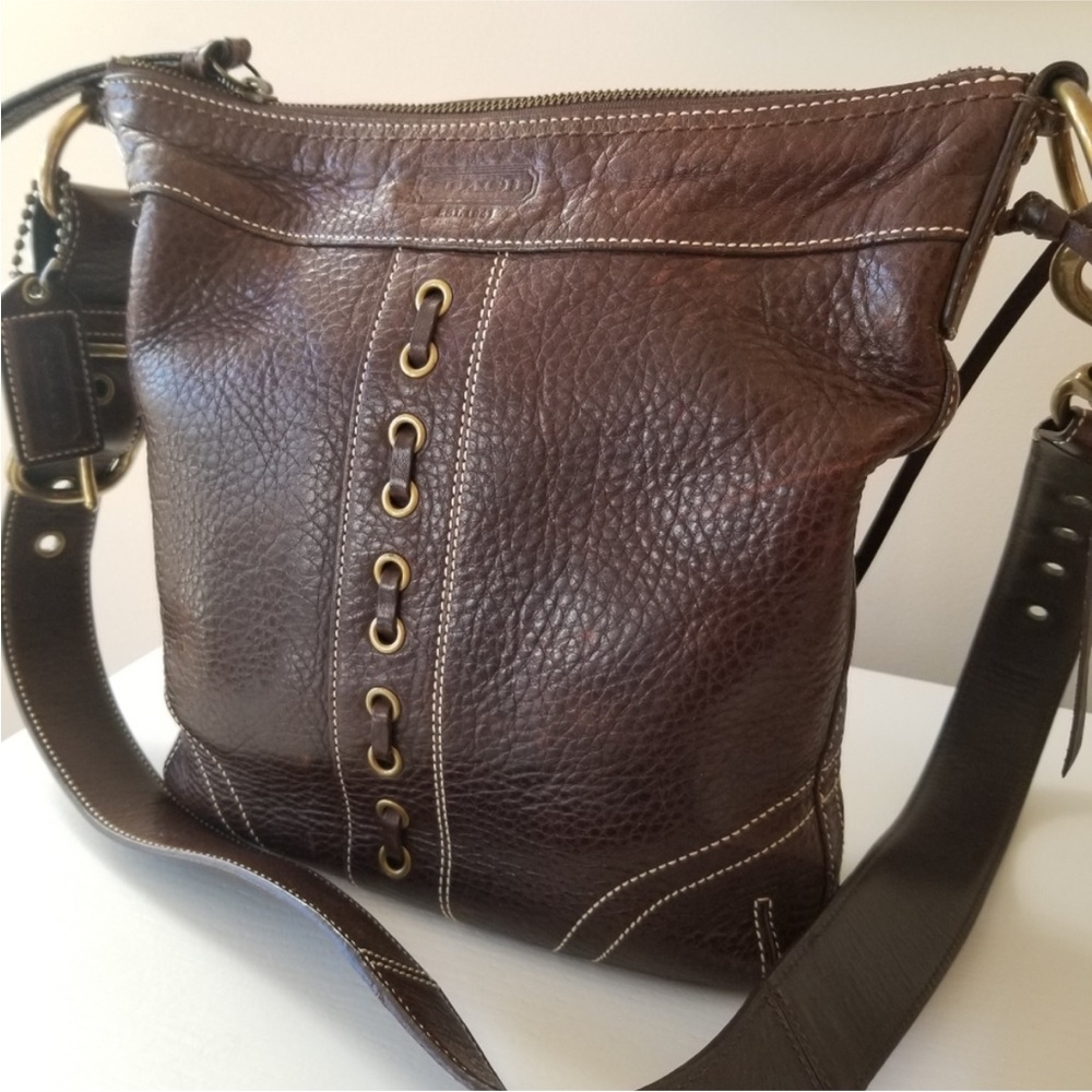 Coach Dark Brown Pebble Leather Coach Vintage Chelsea Laced Duffle Crossbody bag